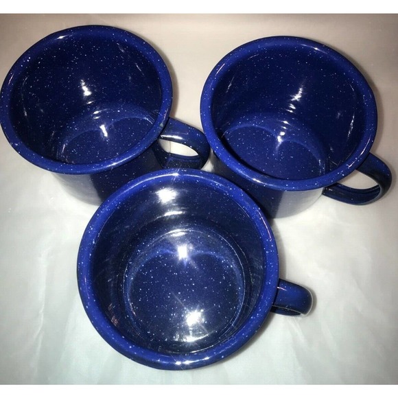VTG Enamelware set of 3 Blue Speckled Coffee/Tea Mug/Cup Farmhouse 16 oz - Picture 4 of 9